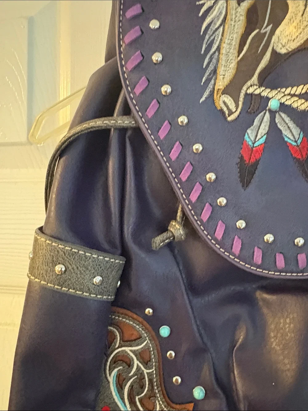 619 Purple Horse Embroidered Women's Backpack Purse - Picture 4 of 8